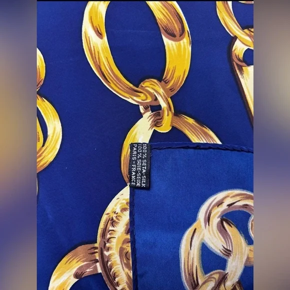 Vintage Chanel Silk Scarf Blue Gold Chains - Picture 3 of 5